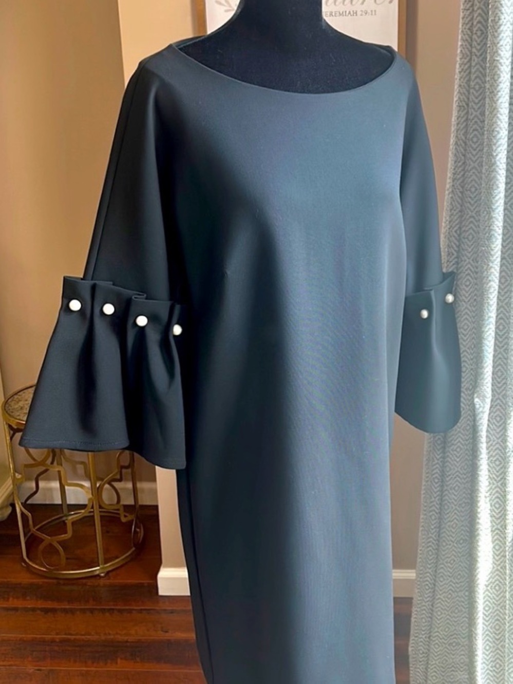 Banana Republic Black Bell-Sleeve Shift Dress with Pearl Accents
